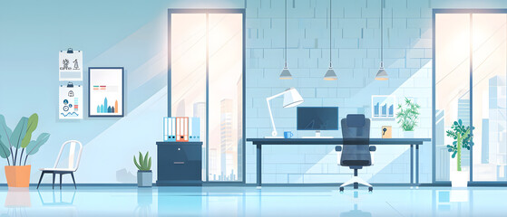 Fototapeta premium Modern, spacious office interior with a desk, computer, and city view through large windows.