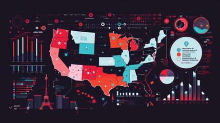 A politics infographic analyzing election results with electoral maps, voter demographics, and candidate profiles.