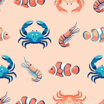 Bezszwowy wz&oacute;r w kraby, krewetki i ryby. Tło w morskim stylu. Ilustracja wektorowa.