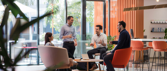 Obraz premium Colleagues having an engaging discussion in a bright, modern office space with large windows, comfortable furniture, and natural light.