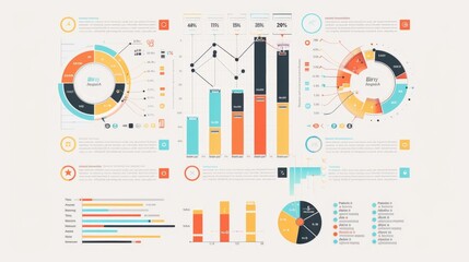 A project management infographic tracking milestones and timelines with progress bars and completion percentages.