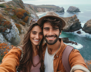 Adventurous Couple Exploring Rocky Coastline Capturing Moments of Happiness with Scenic Ocean Backdrop in Autumn - Powered by Adobe