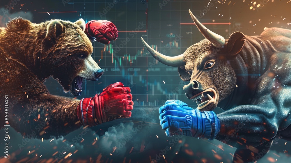 Wall mural A bear with red gloves clashing with a bull in blue gloves, set against a dynamic business stock graph.