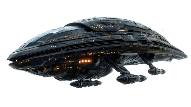 Spaceship, alien ship flying on white background
