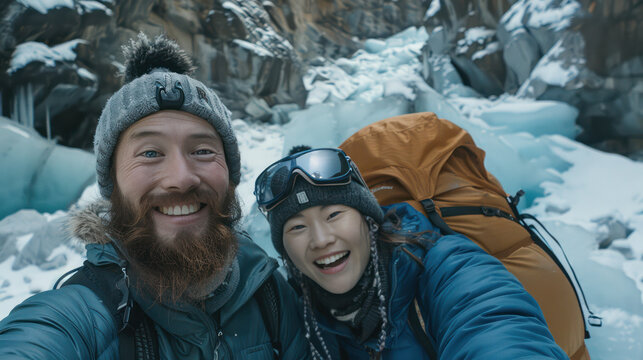 Adventurous Couple's Selfie During Winter Hiking Expedition in Snow Covered Mountains with Frozen Waterfalls and Glacial Formations Capturing the Beauty of Nature and Outdoor Exploration