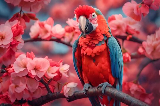 cute parrot on flower blossom background