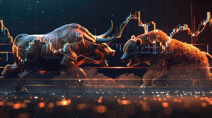A dramatic scene of a bull and bear fighting with an attack rise chart in the background, symbolizing stock market volatility.