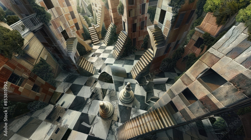 Wall mural the chessboard city a surreal architectural puzzle