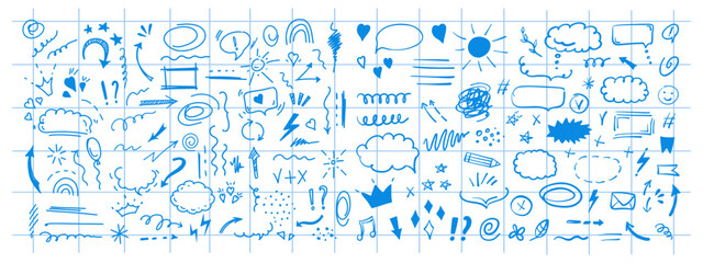 Doodle design elements and arrows. Elements for infographics. Hand drawn vector set of icons, frames, borders, arrows in isolated on checkered notebook sheet background.