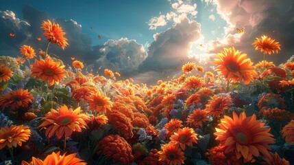 Sunlit Meadow of Orange Flowers