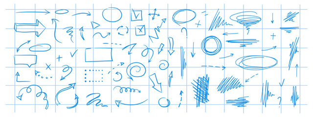 Doodle design elements and arrows. Elements for infographics. Hand drawn vector set of icons, frames, borders, arrows in isolated on checkered notebook sheet background.