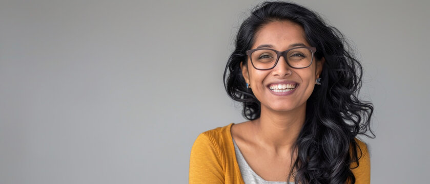 A woman with curly black hair and glasses beams a brilliant smile against a plain gray background, exuding confidence and warmth.