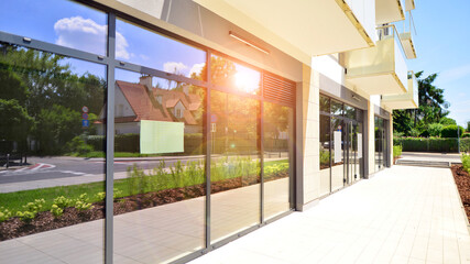 Panoramic windows of new commercial premises. Commercial property in development standard for rent.