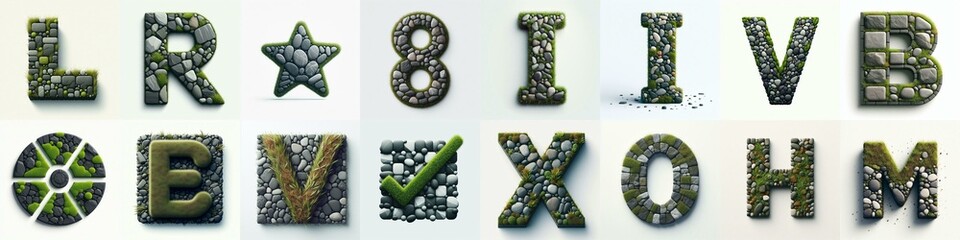 Grass and Gray raw stone bricks tiling Lettering Typeface. AI generated illustration