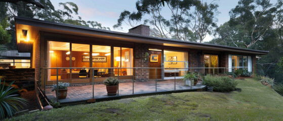 Obraz premium An illuminated, stylish mid-century modern home surrounded by a manicured lawn and vibrant trees in an idyllic twilight setting.