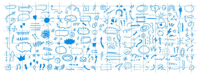 Doodle design elements and arrows. Elements for infographics. Hand drawn vector set of icons, frames, borders, arrows in isolated on checkered notebook sheet background.