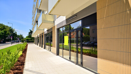 Panoramic windows of new commercial premises. Commercial property in development standard for rent.