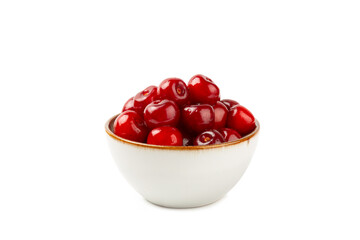 Cherry in a bowl isolated. Fresh ripe cherries with leaves isolated on a white background.Sweet cherries pile. Berries and fruits. Vegan. Healthy eating.