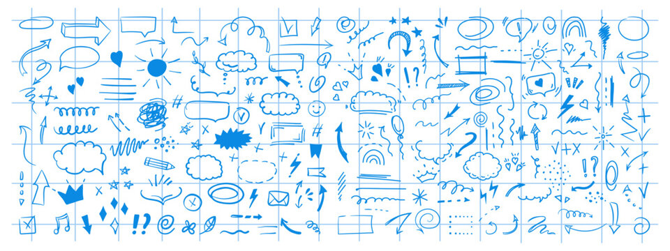 Doodle design elements and arrows. Elements for infographics. Hand drawn vector set of icons, frames, borders, arrows in isolated on checkered notebook sheet background.