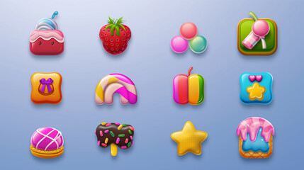Set of colorful candy icons featuring various sweet treats