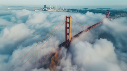 Golden Gate Bridge, foggy day in San Francisco, aerial view
