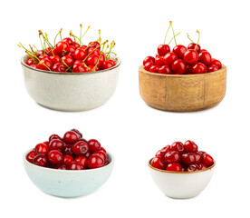 Cherry in a bowl isolated. Fresh ripe cherries with leaves isolated on a white background.Sweet cherries pile. Berries and fruits. Vegan. Healthy eating.