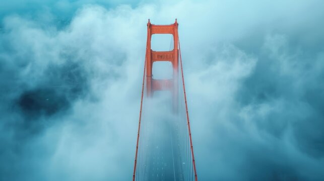 Golden Gate Bridge, foggy day in San Francisco, aerial view