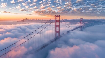 Obraz premium Golden Gate Bridge in San Francisco, California at sunrise with fog and city skyline in the background. Aerial view, drone perspective.