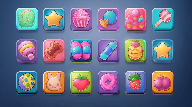 Set of sweet colorful square app icons with candy and fruits