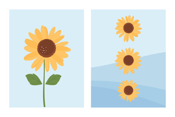 Set of hand drawn sunflower on blue backgrounds vector. Cute wall art decoration.
