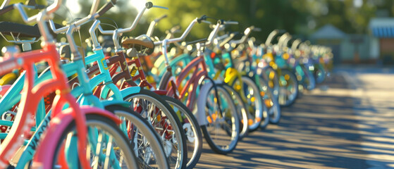 A vibrant row of multicolored bicycles lined up neatly in a sunlit park, evoking a sense of community and outdoor recreation.