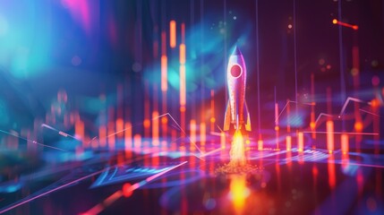Fototapeta premium A rocket flying next to a rising Bitcoin chart and increasing lines, showcasing rapid market growth. AI generative illustration