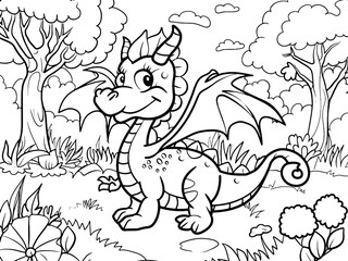 Fototapeta premium Children picture, coloring book. Dragon is walking in the park. Generative ai raster.