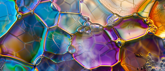 A mesmerizing close-up of colorful soap bubbles displaying a spectrum of rainbow colors and intricate geometric patterns.