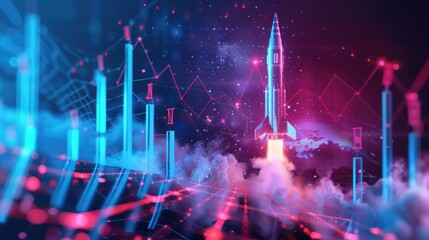 Obraz premium A rocket launching next to an ascending Bitcoin graph and growth lines, representing the rise of cryptocurrency. AI generative illustration