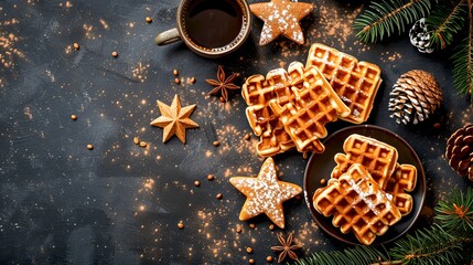 Delicious festive waffles and cookies served with hot coffee. Vintage-style Christmas dessert setup. Perfect for holiday menus or food blogs. Ideal for cozy and warm winter gatherings. AI