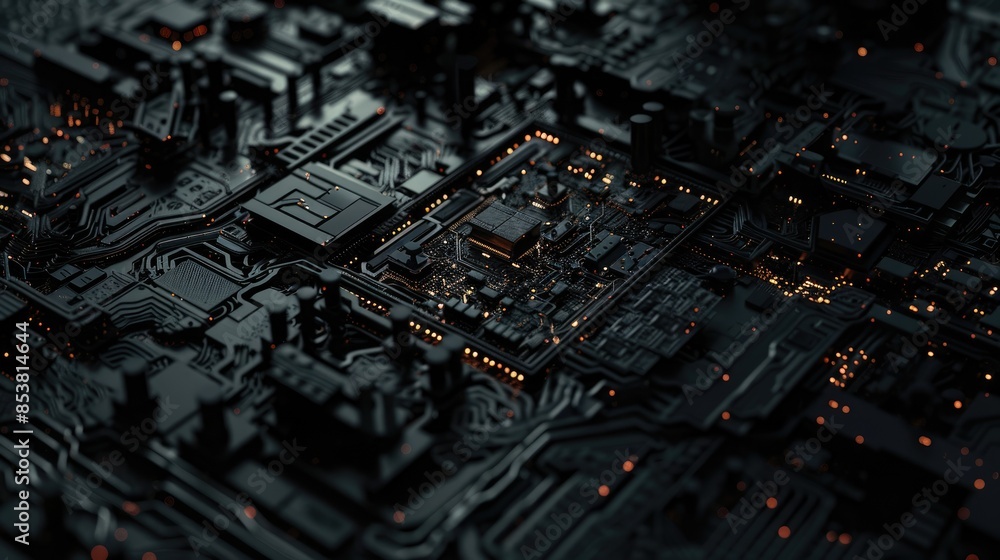 Poster the image is a close-up of a computer circuit board. the board is made of a dark green material and 