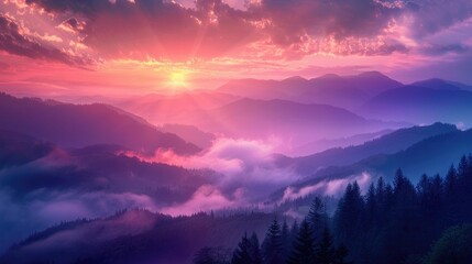 Breathtaking aerial view of a serene mountain landscape at a vibrant sunrise with misty valleys and dramatic colors in the sky  This stunning natural scenery evokes a sense of wonder and tranquility