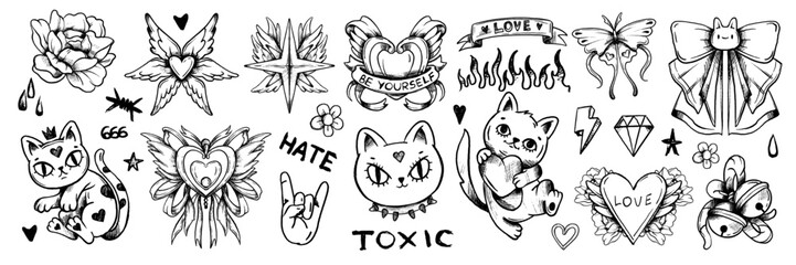 Grunge doodle cat icon set, vector hand drawn sketch kitten, gothic heart, rock punk scribble symbol. Y2k emo romantic tattoo, Valentine love symbol, crayon inscription, bow, rose. Ink doodle cat