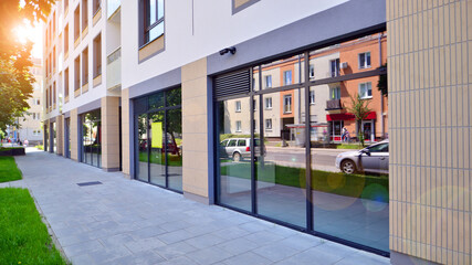 Panoramic windows of new commercial premises. Commercial property in development standard for rent.