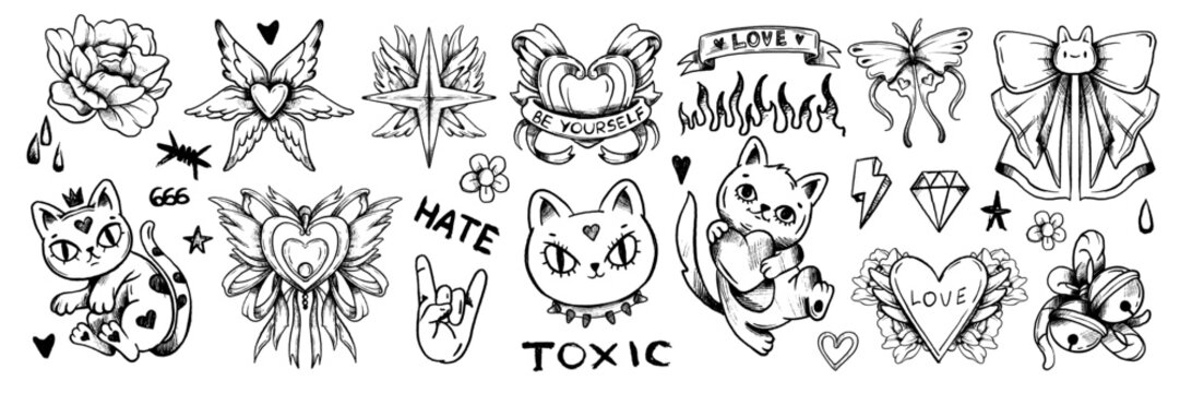 Grunge doodle cat icon set, vector hand drawn sketch kitten, gothic heart, rock punk scribble symbol. Y2k emo romantic tattoo, Valentine love symbol, crayon inscription, bow, rose. Ink doodle cat