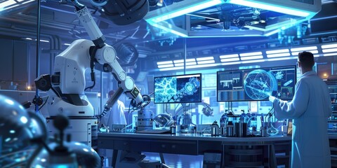 A futuristic research lab where human scientists and AI collaborate on groundbreaking projects. The lab features advanced technology, holographic displays, and robotic arms assisting in experiments