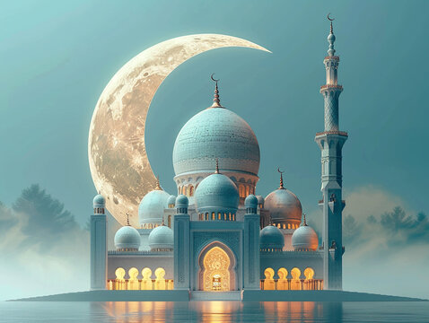 Eid Mubarak eid al adha islamic mosque festival celebration image with church and moon