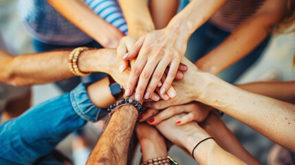 Team building exercise with closeup of team stacking hands in harmony