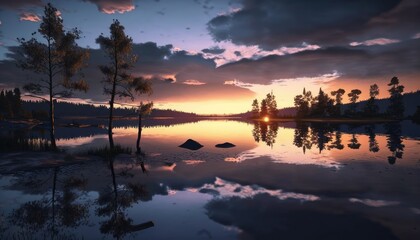 The lake reflects a symmetric view of the sunset. Generative AI