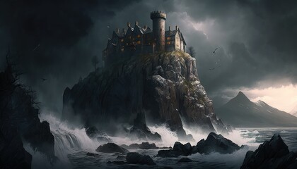 Foreboading castle on top of a stormy sea. Generative AI