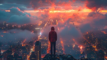 Obraz premium Silhouetted Figure atop Skyscraper Watching City Lights Below