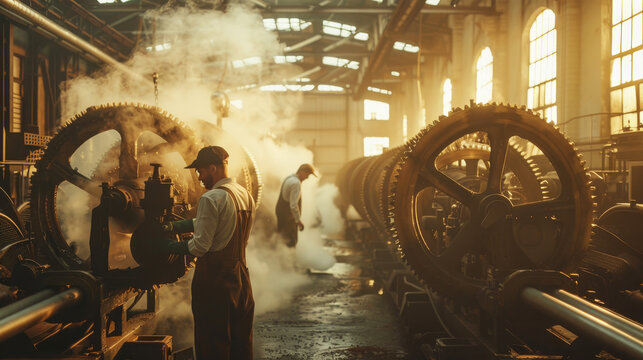 Worker overseeing machinery at an industrial revolution era factory