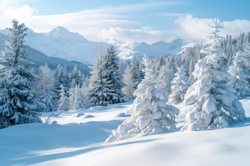 Majestic snow-covered pine trees in a serene winter landscape