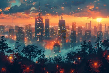 Obraz premium Futuristic Urban Infrastructure: Skyscrapers, Traffic Lights, Renewable Energy